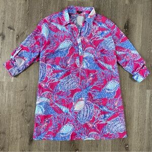TALBOTS Tunic Swim Cover Up Womens Size 2X Pink Blue Seashell Roll Tab Sleeve